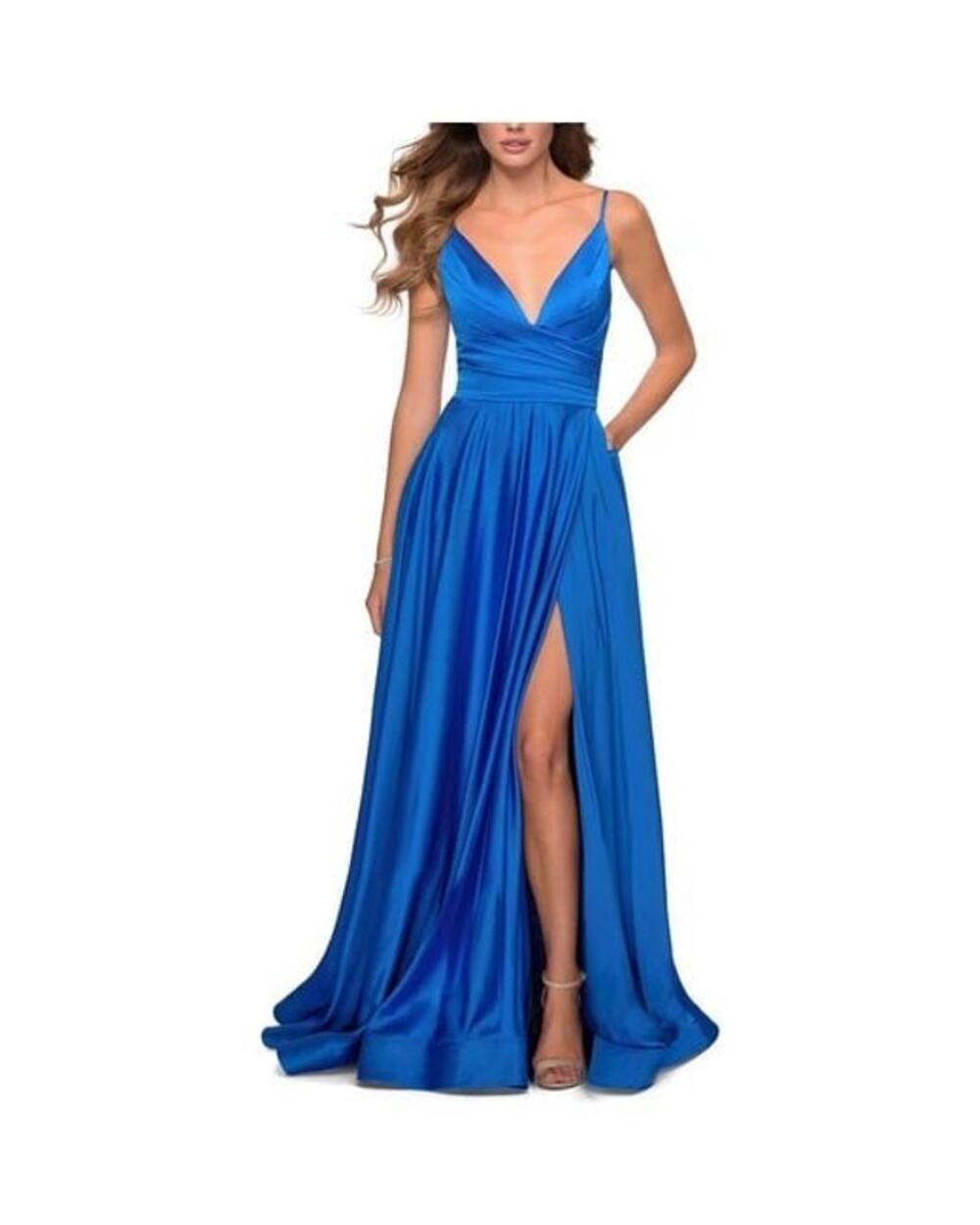 La Femme Blue Satin V-Neck Slit Formal Prom Evening Gown Size 8
